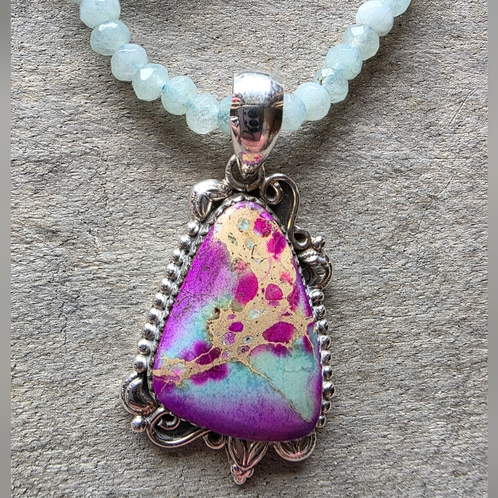 Brilliant Sea Sediment Pendant W Aquamarine Chain In 925 Sterling Silver (1,75")